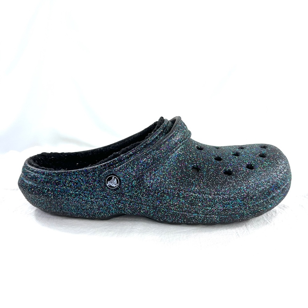 Crocs Men Size 13 Black Multicolor Glitter Rubber Clog Slide Fleece Lining